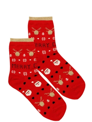 Skarpetki damskie bawełniane z lurexem, czerwone świąteczne sn9290 christmas