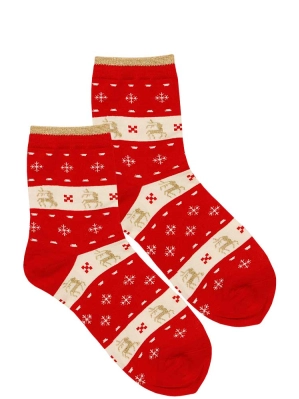 Skarpetki damskie bawełniane z lurexem, czerwony z milk świąteczne sn9290 z reniferem
