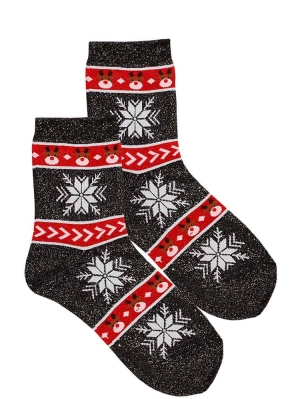 Skarpetki damskie bawełniane z lurexem czarne świąteczne sn9381 norweski wzór